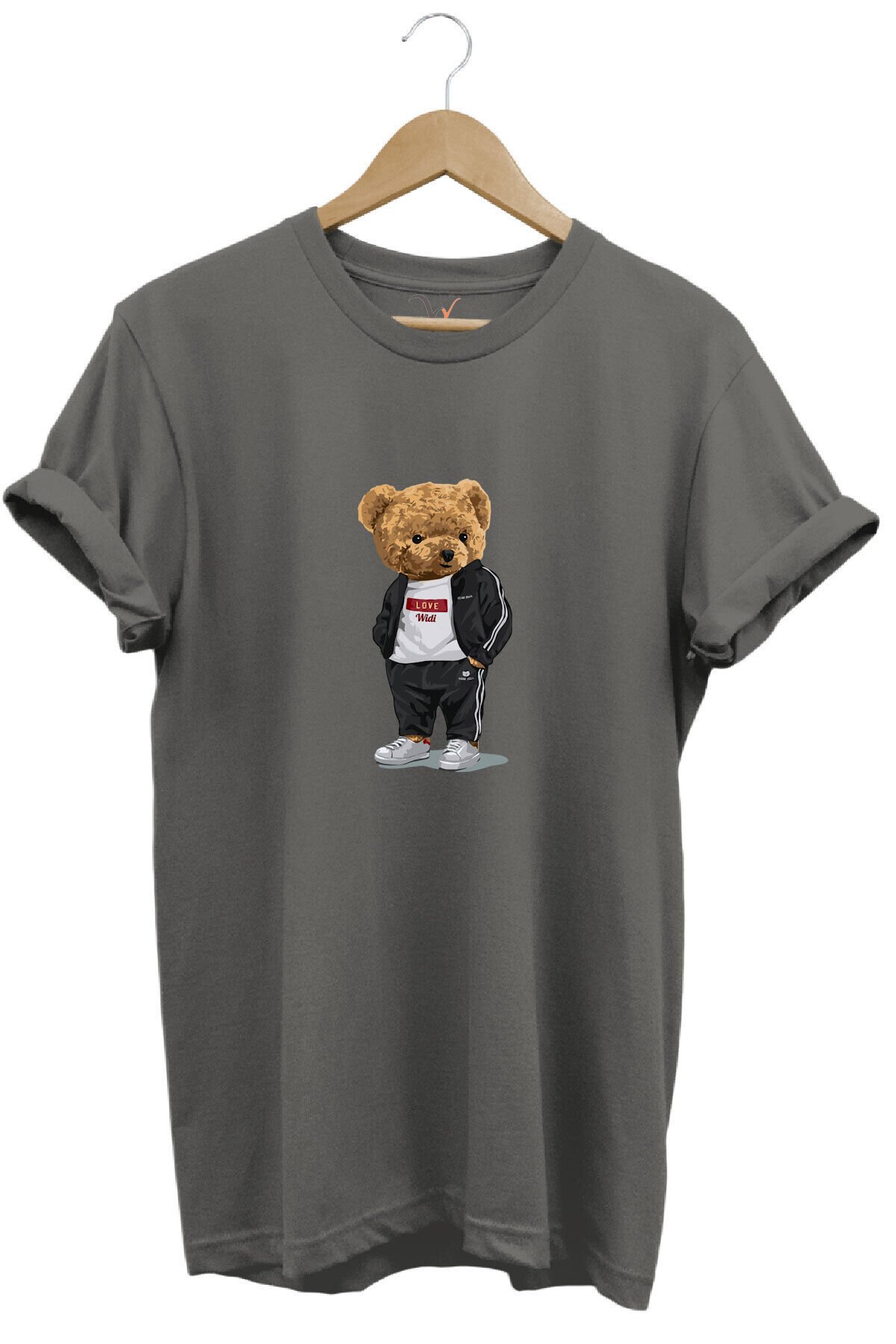 Sevimli Ayıcık Baskılı Love Tasarımlı %100 Pamuk Regular Fit Bisiklet Yaka Unisex T-shirt Gri - L