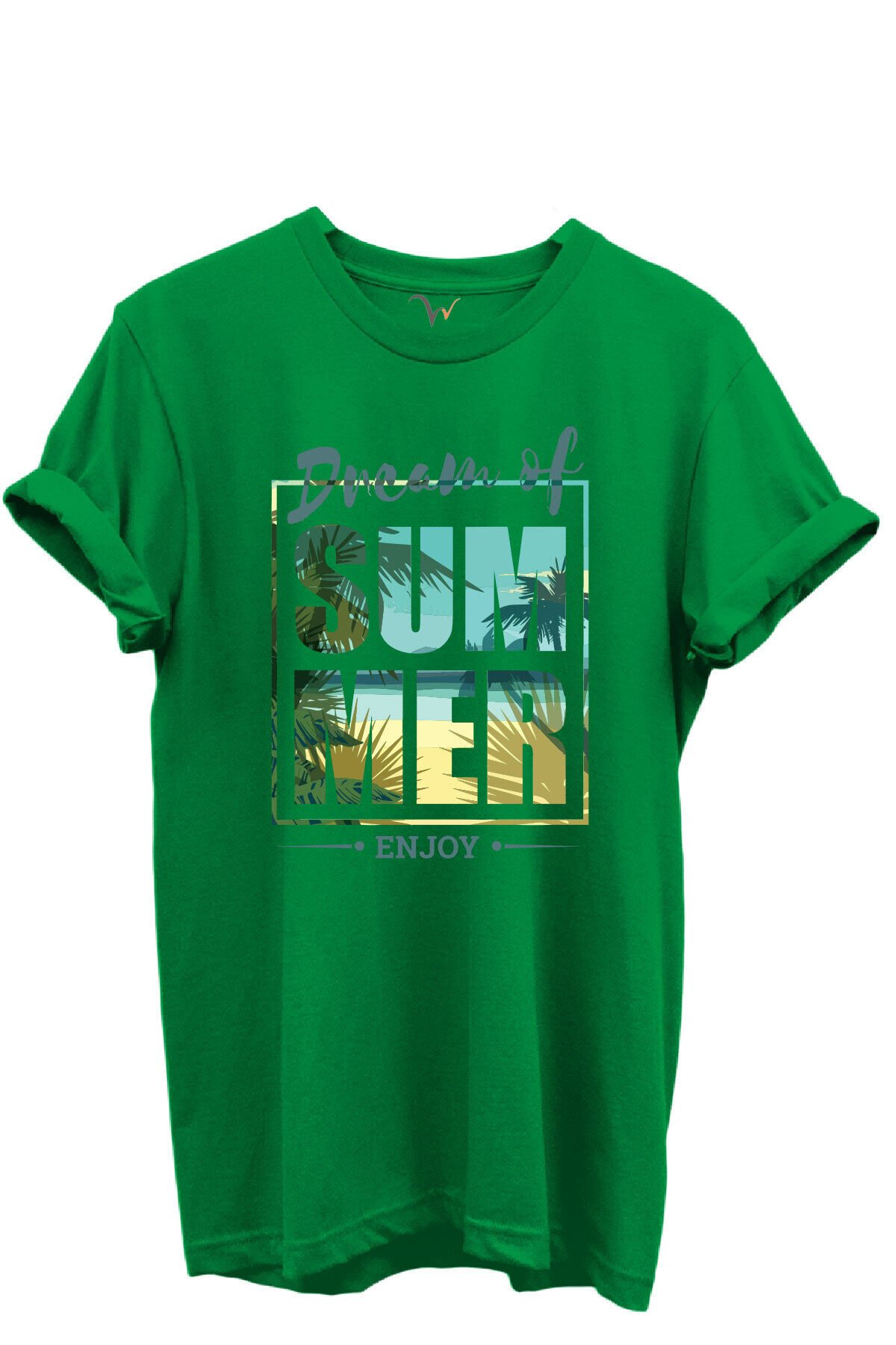 Dream of Summer Yazılı Palmiye ve Sahil Temalı %100 Pamuk Regular Fit Unisex T-Shirt Yeşil - M