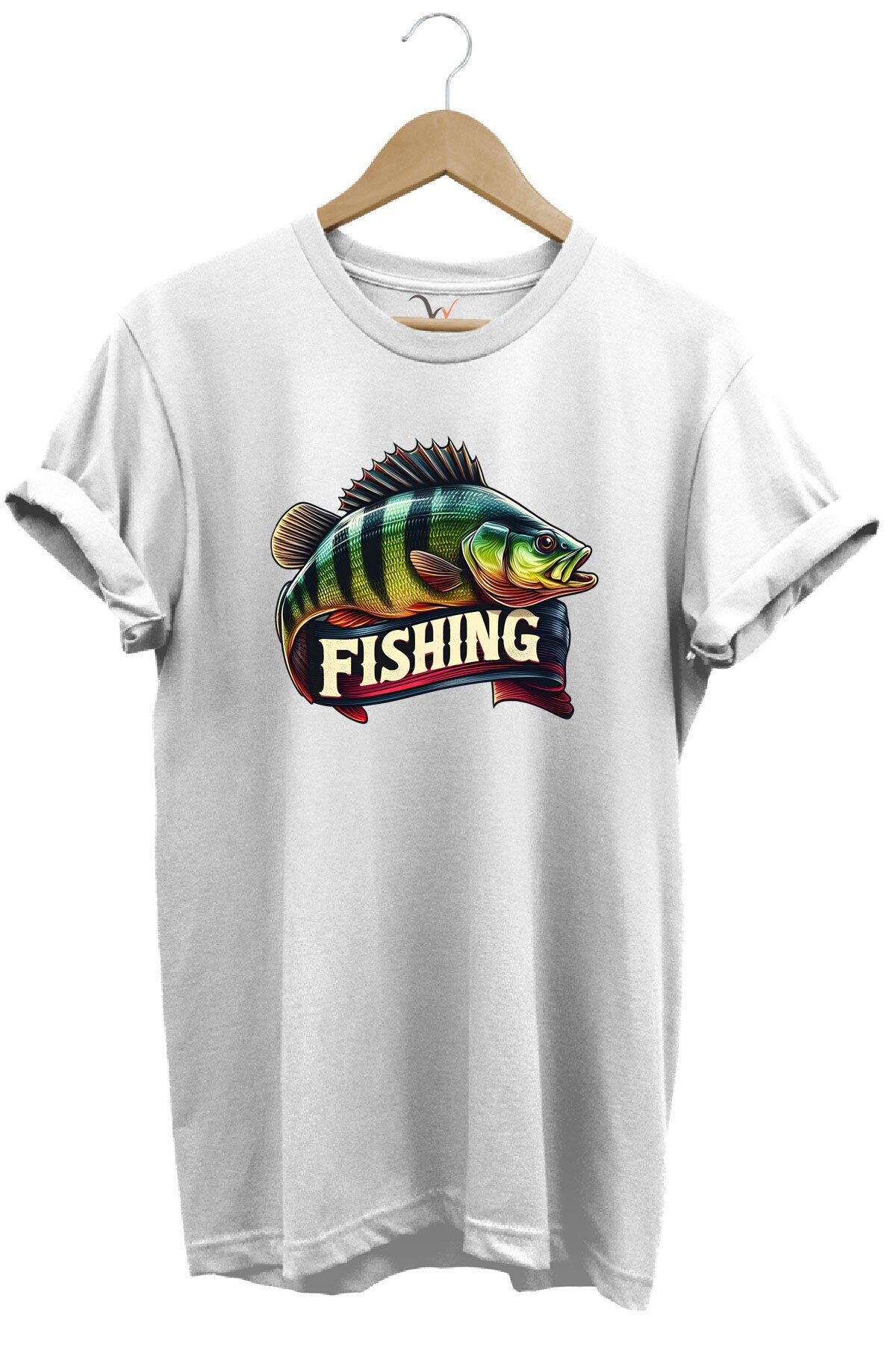 Fishing Balıkçılık Baskılı Levrek Balığı %100 Pamuk Regular Fit Bisiklet Yaka Kırmızı T-shirt Beyaz - L