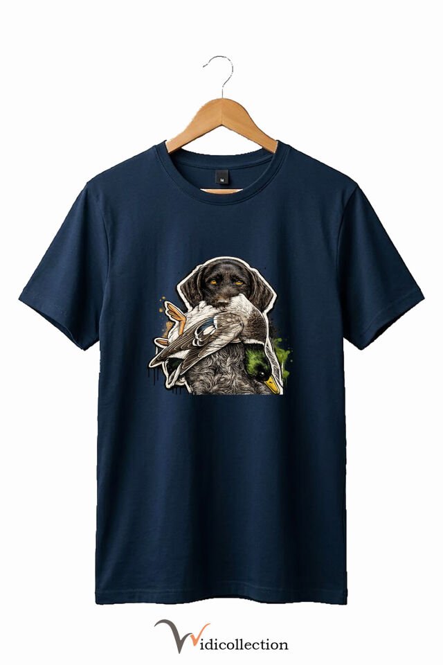 Unisex Avcı Köpeği ve Ördek Baskılı Ördek Avı Doğa ve Yaban Hayatı Outdoor %100 Pamuk Basic T-Shirt Lacivert - 4XL