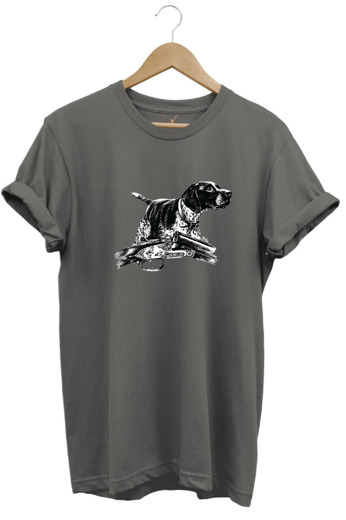 Outdoor Avcılık Kurzhaar Köpeği Baskılı %100 Pamuk Regular Fit Bisiklet Yaka T-shirt Antrasit - XL