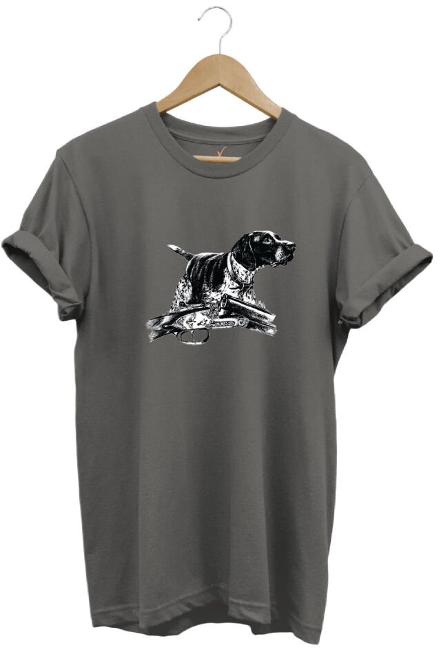 Outdoor Avcılık Kurzhaar Köpeği Baskılı %100 Pamuk Regular Fit Bisiklet Yaka T-shirt Antrasit - XL