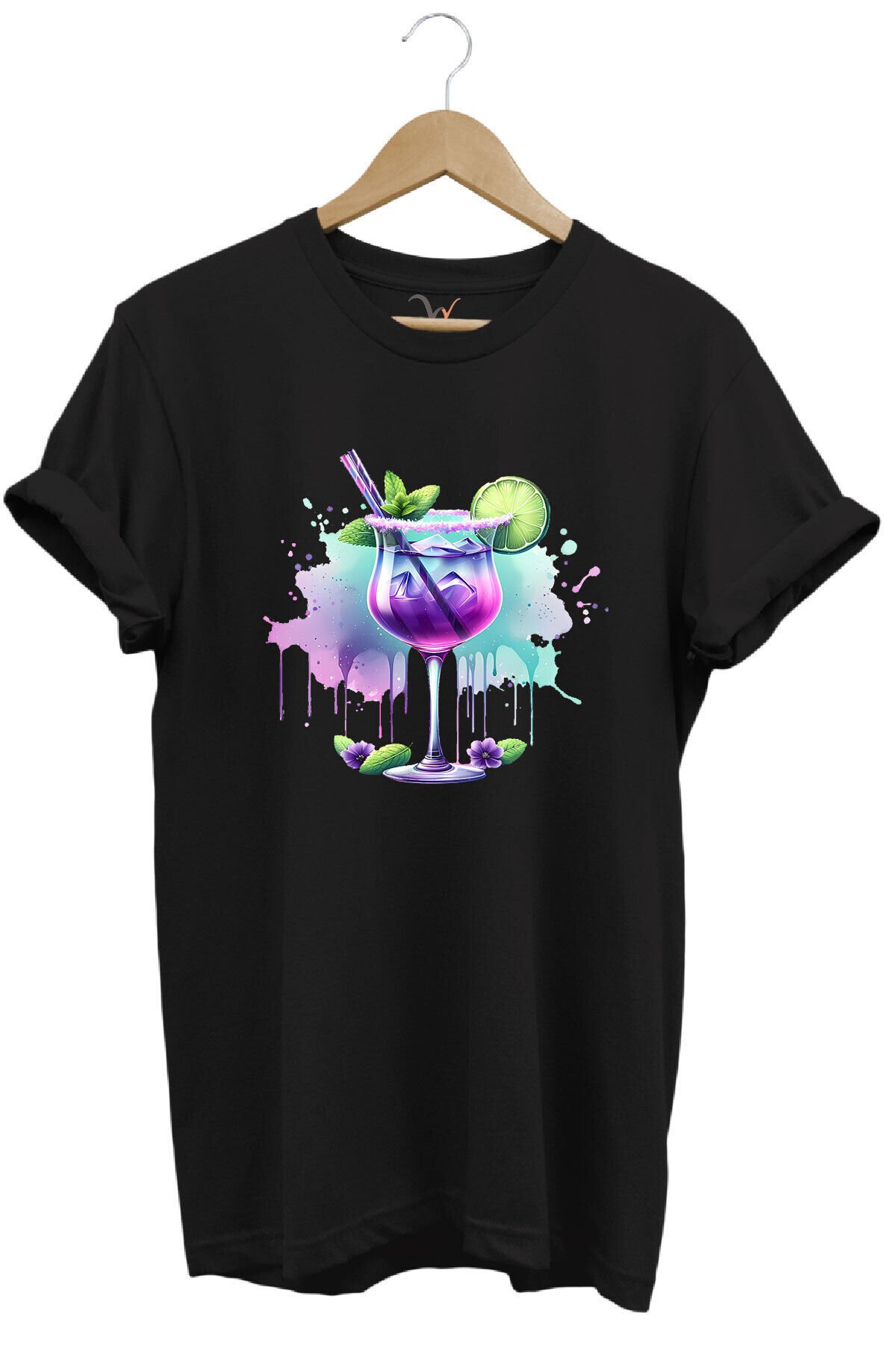 Tropik Kokteyl Temalı Renkli Yaz Baskılı %100 Pamuk Unisex Regular Fit T-Shirt Siyah - M