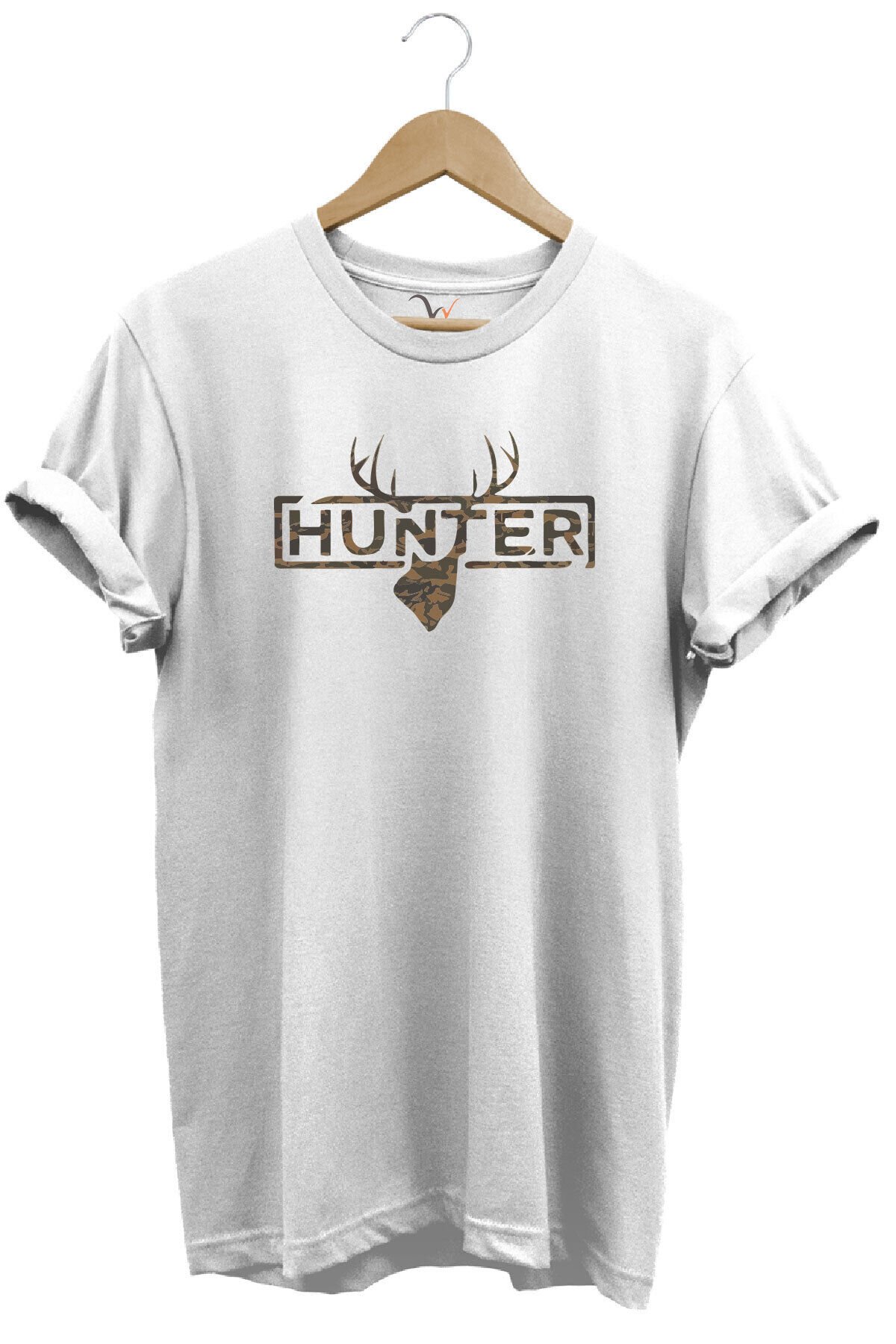 Avcılık Kamuflaj Desenli Geyik ve Hunter Yazı Baskılı %100 Pamuk Regular Fit Bisiklet Yaka T-shirt Beyaz - L