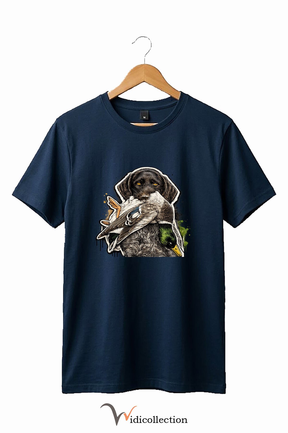 Unisex Avcı Köpeği ve Ördek Baskılı Ördek Avı Doğa ve Yaban Hayatı Outdoor %100 Pamuk Basic T-Shirt Lacivert - 2XL