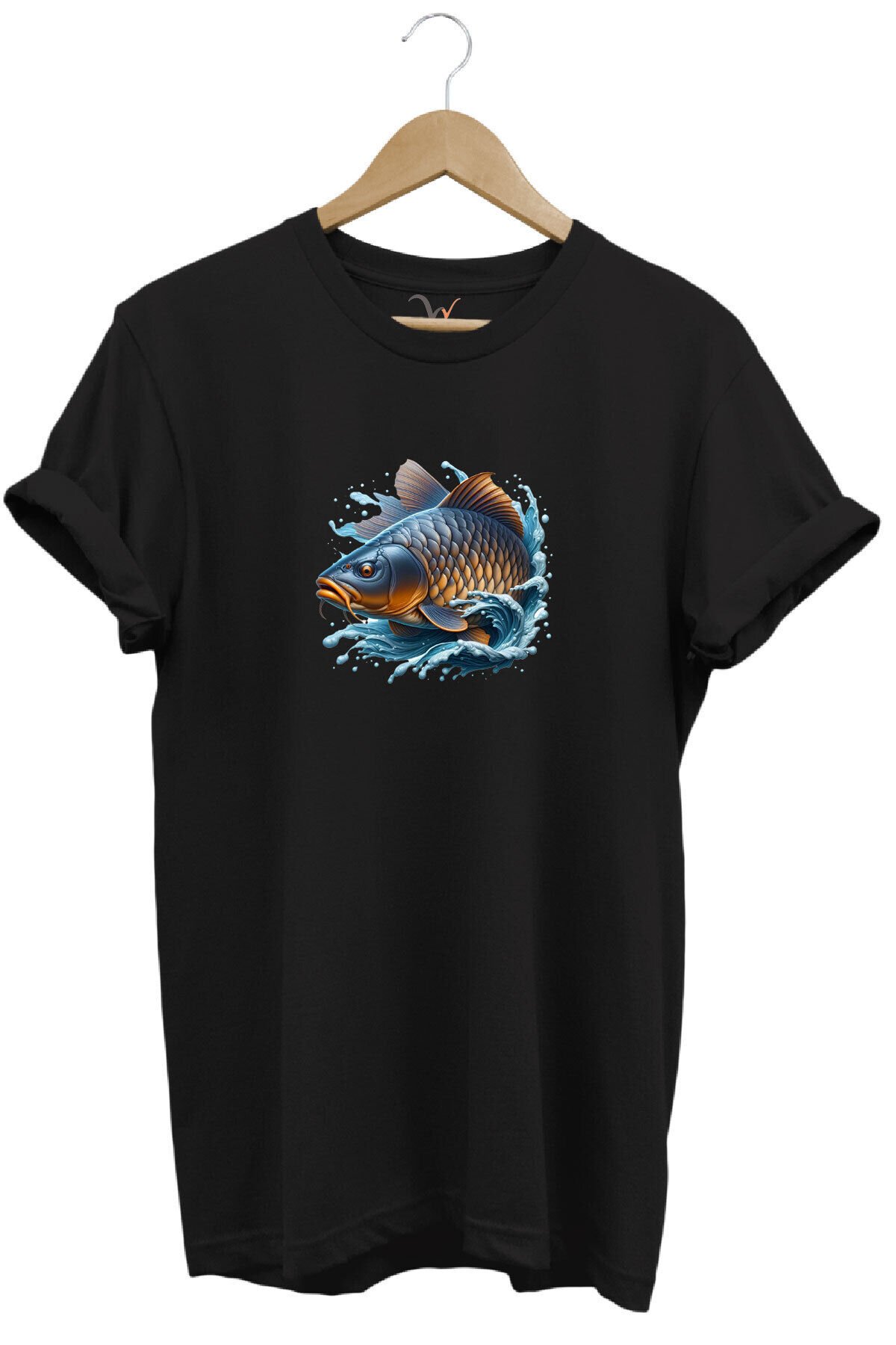 Balıkçı Fishing Sazan Avı Balıkçılığı Baskılı %100 Pamuk Regular Fit Bisiklet Yaka Gri T-shirt Siyah - 5XL