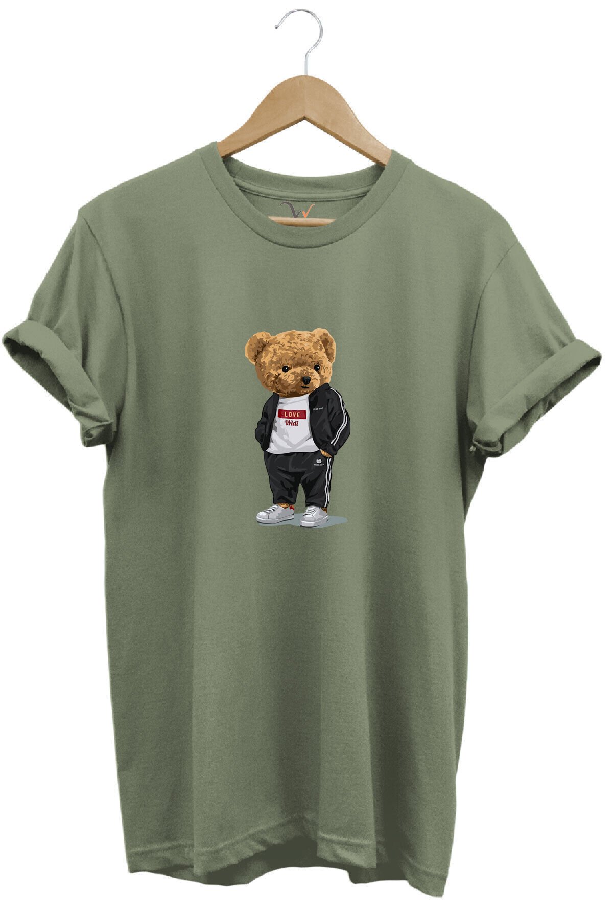 Sevimli Ayıcık Baskılı Love Tasarımlı %100 Pamuk Regular Fit Bisiklet Yaka Unisex T-shirt Haki - L