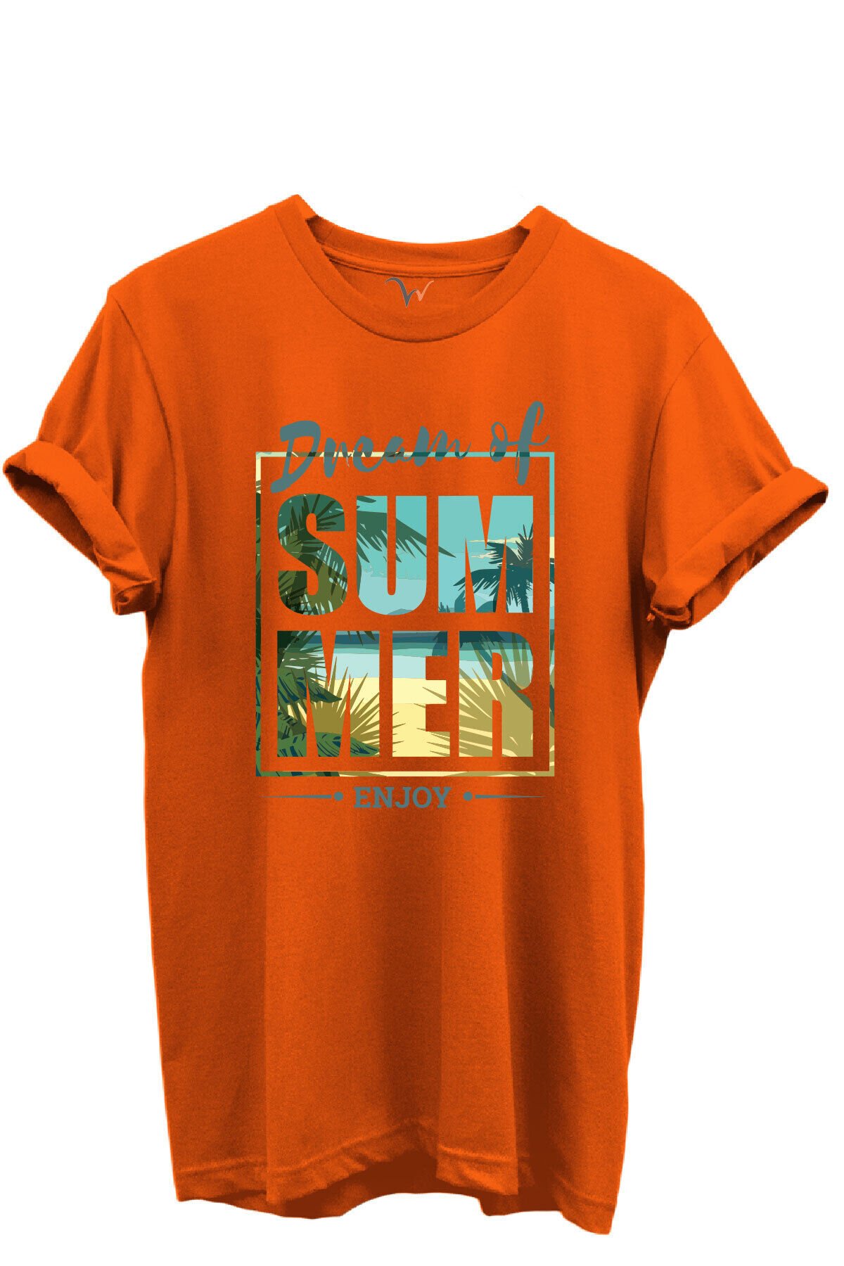 Dream of Summer Yazılı Palmiye ve Sahil Temalı %100 Pamuk Regular Fit Unisex T-Shirt Turuncu - 2XL