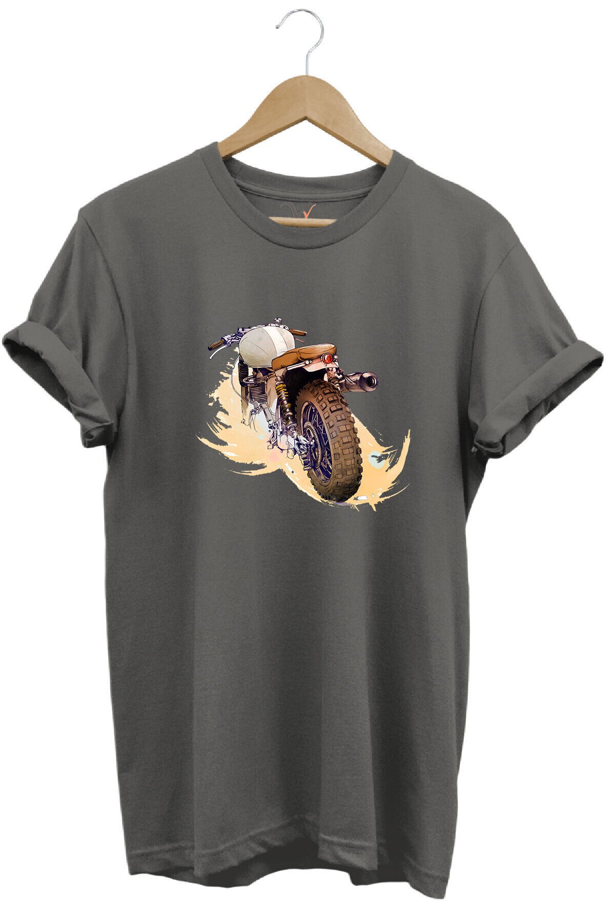Klasik Motorsiklet Baskılı Vintage Old Motor %100 Pamuk Regular Fit Bisiklet Yaka Kırmızı T-shirt Gri - 2XL