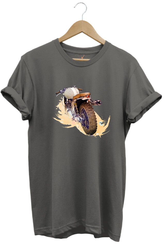 Klasik Motorsiklet Baskılı Vintage Old Motor %100 Pamuk Regular Fit Bisiklet Yaka Kırmızı T-shirt Gri - 2XL