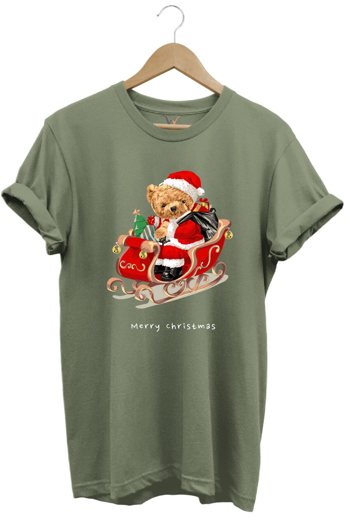 Christmas Baskılı Sevimli Ayıcık Yılbaşı Noel %100 Pamuk Regular Fit Bisiklet Yaka T-shirt Haki - S