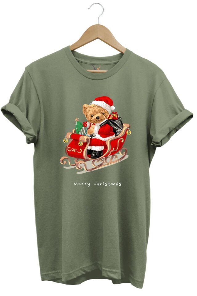 Christmas Baskılı Sevimli Ayıcık Yılbaşı Noel %100 Pamuk Regular Fit Bisiklet Yaka T-shirt Haki - S