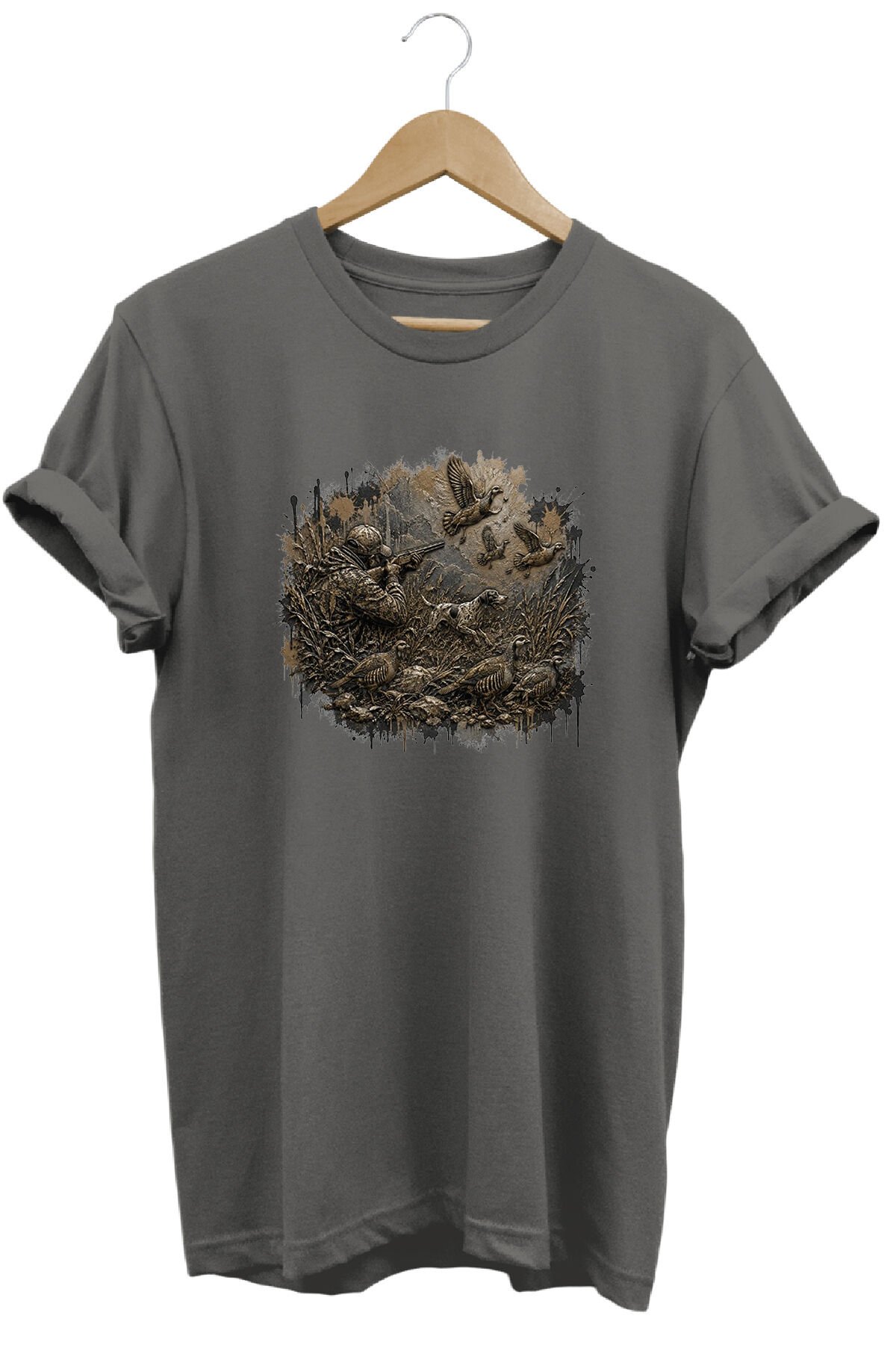 Arazi Köpeği ve Kuş Baskılı Atıcılık Tişörtü Outdoor Doğa Giyimi Gri Melanj - 3XL