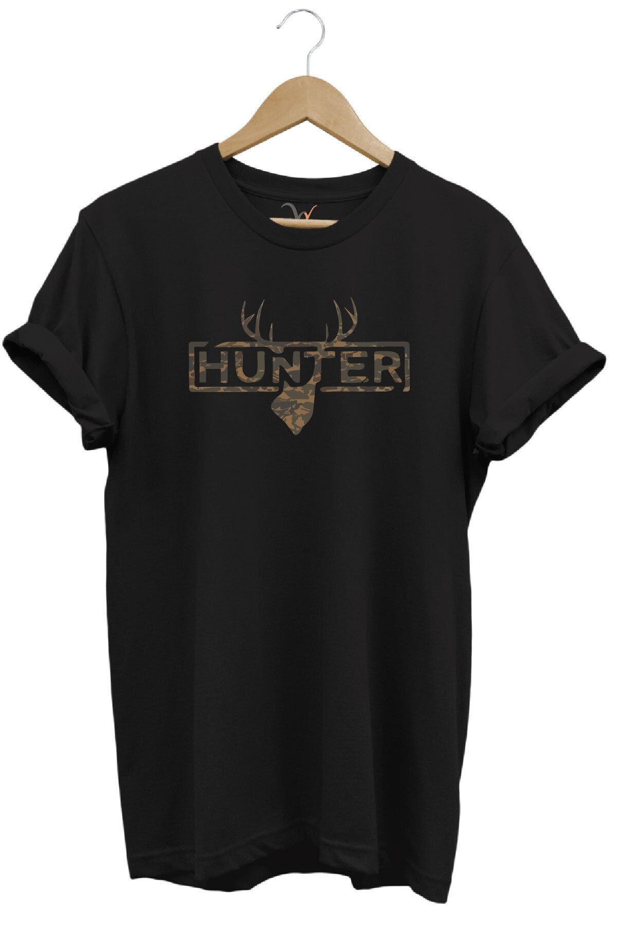 Avcılık Kamuflaj Desenli Geyik ve Hunter Yazı Baskılı %100 Pamuk Regular Fit Bisiklet Yaka T-shirt Siyah - 4XL