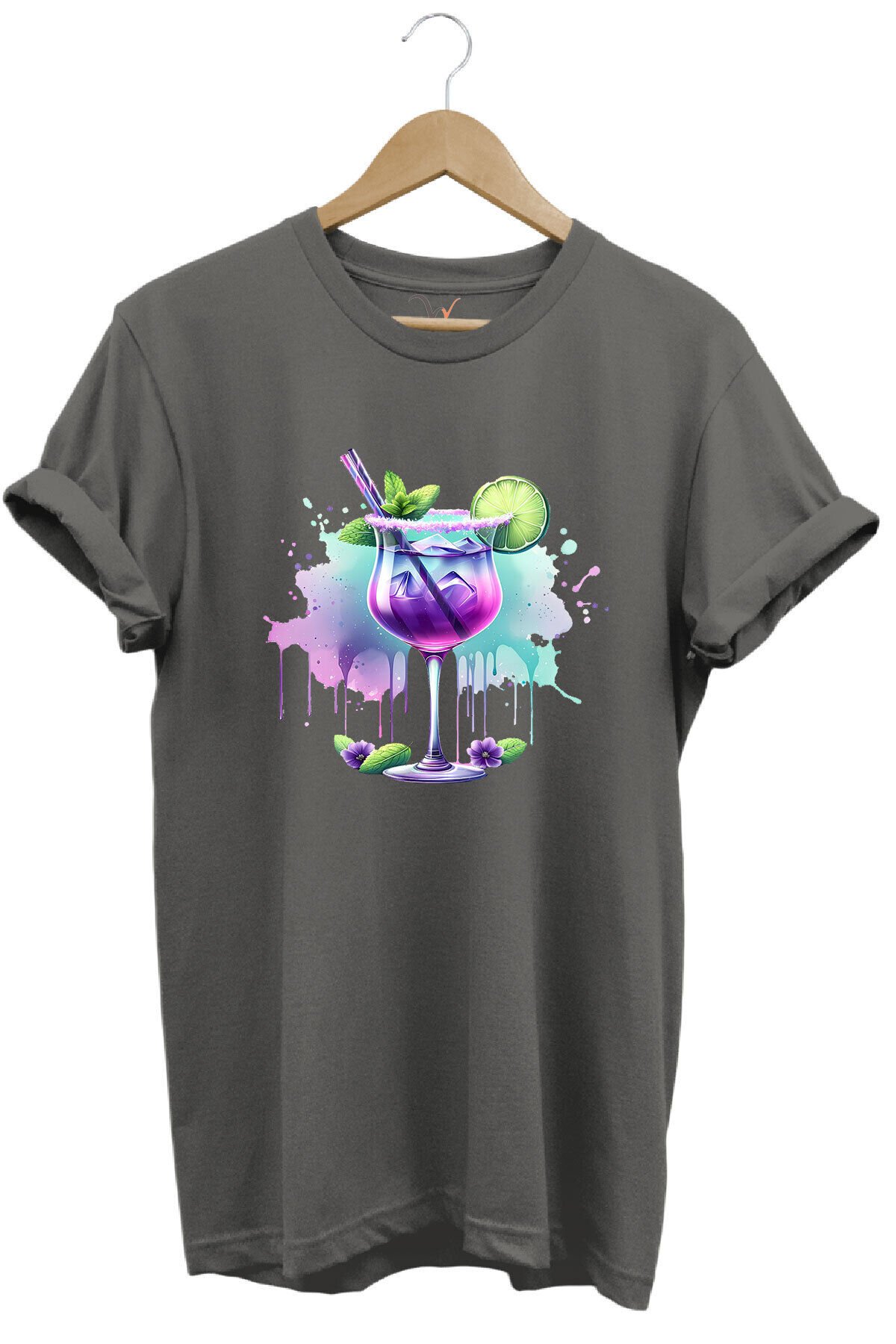 Tropik Kokteyl Temalı Renkli Yaz Baskılı %100 Pamuk Unisex Regular Fit T-Shirt Gri - 3XL