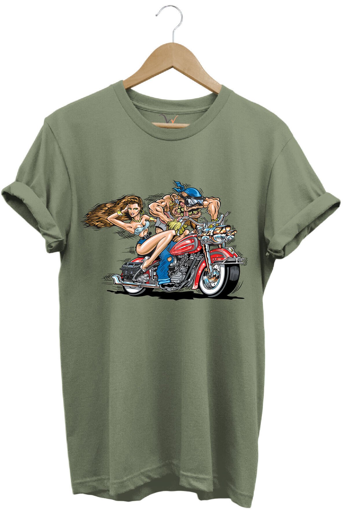 Motosiklet Motor Süren Adam ve Kadın Baskılı %100 Pamuk Regular Fit T-shirt Haki - XL