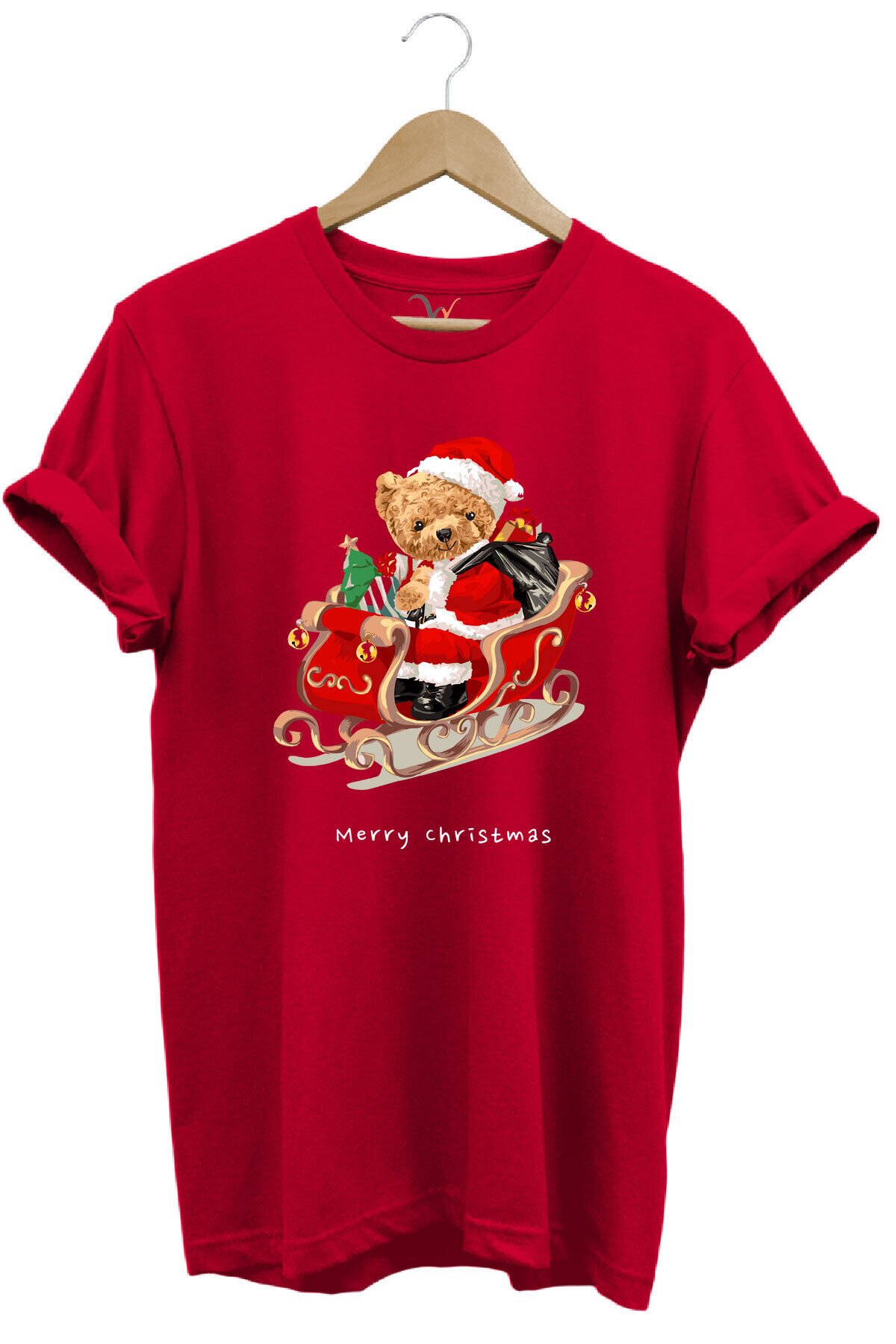 Christmas Baskılı Sevimli Ayıcık Yılbaşı Noel %100 Pamuk Regular Fit Bisiklet Yaka T-shirt Kırmızı - S