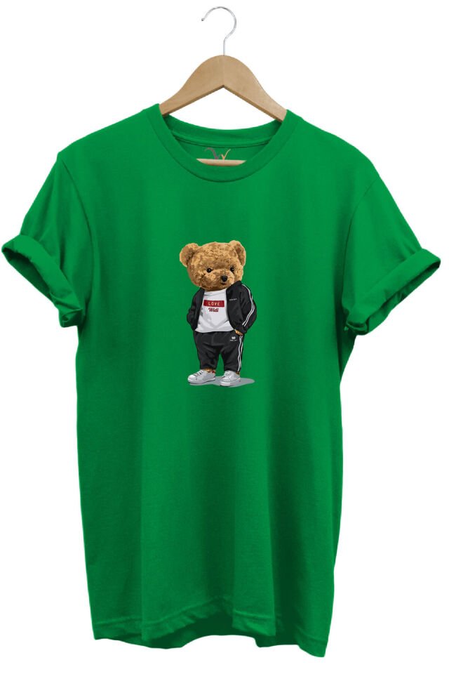 Sevimli Ayıcık Baskılı Love Tasarımlı %100 Pamuk Regular Fit Bisiklet Yaka Unisex T-shirt Yeşil - XL