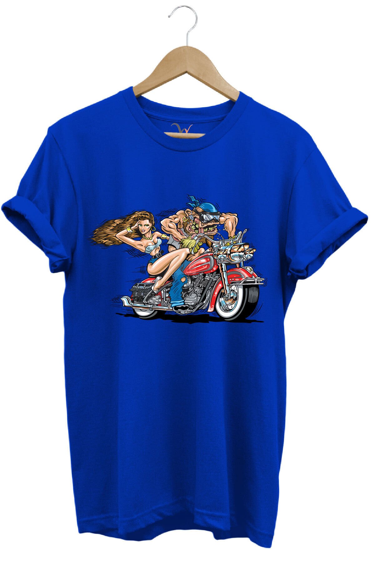 Motosiklet Motor Süren Adam ve Kadın Baskılı %100 Pamuk Regular Fit T-shirt Mavi - M