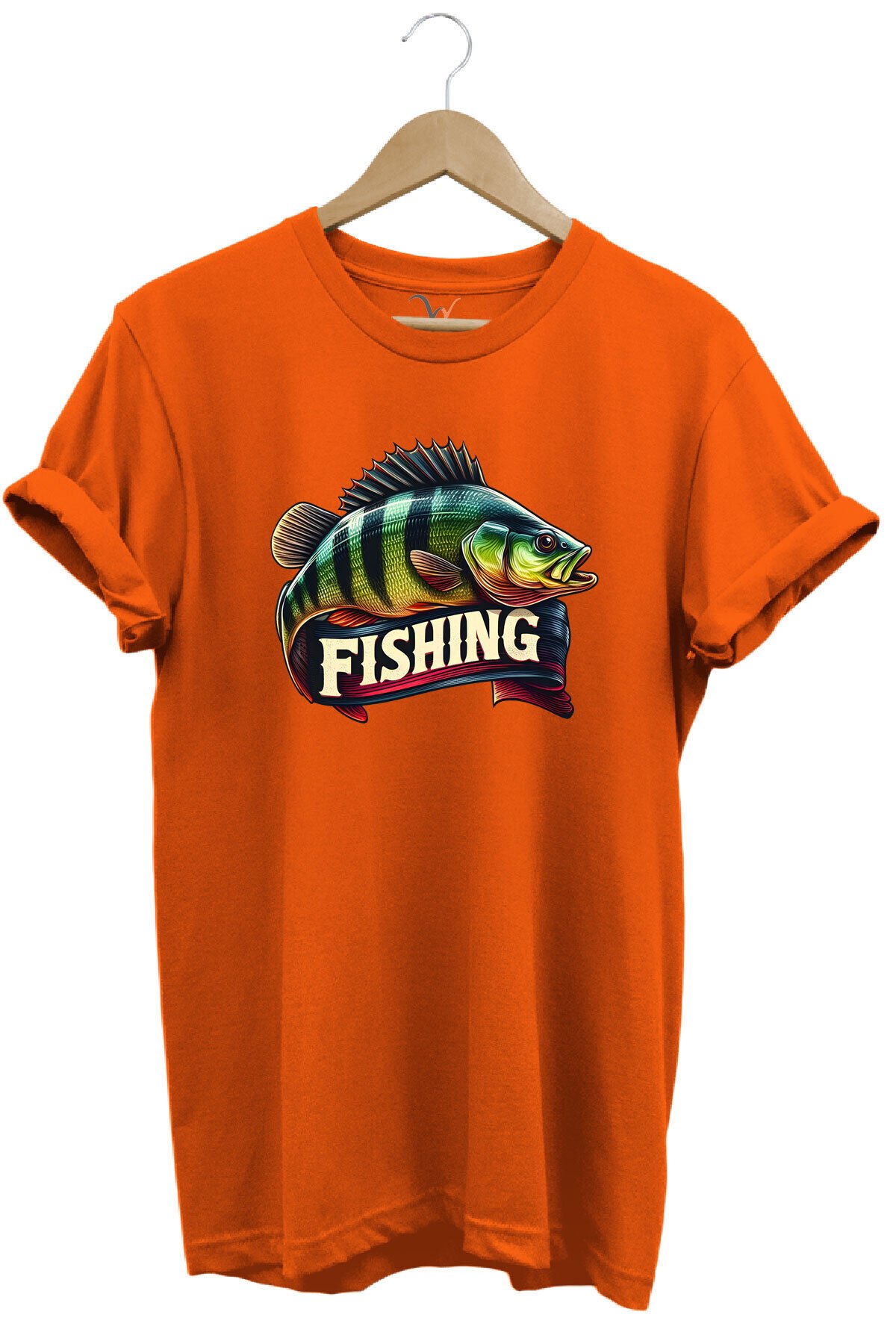 Fishing Balıkçılık Baskılı Levrek Balığı %100 Pamuk Regular Fit Bisiklet Yaka Kırmızı T-shirt Turuncu - XL