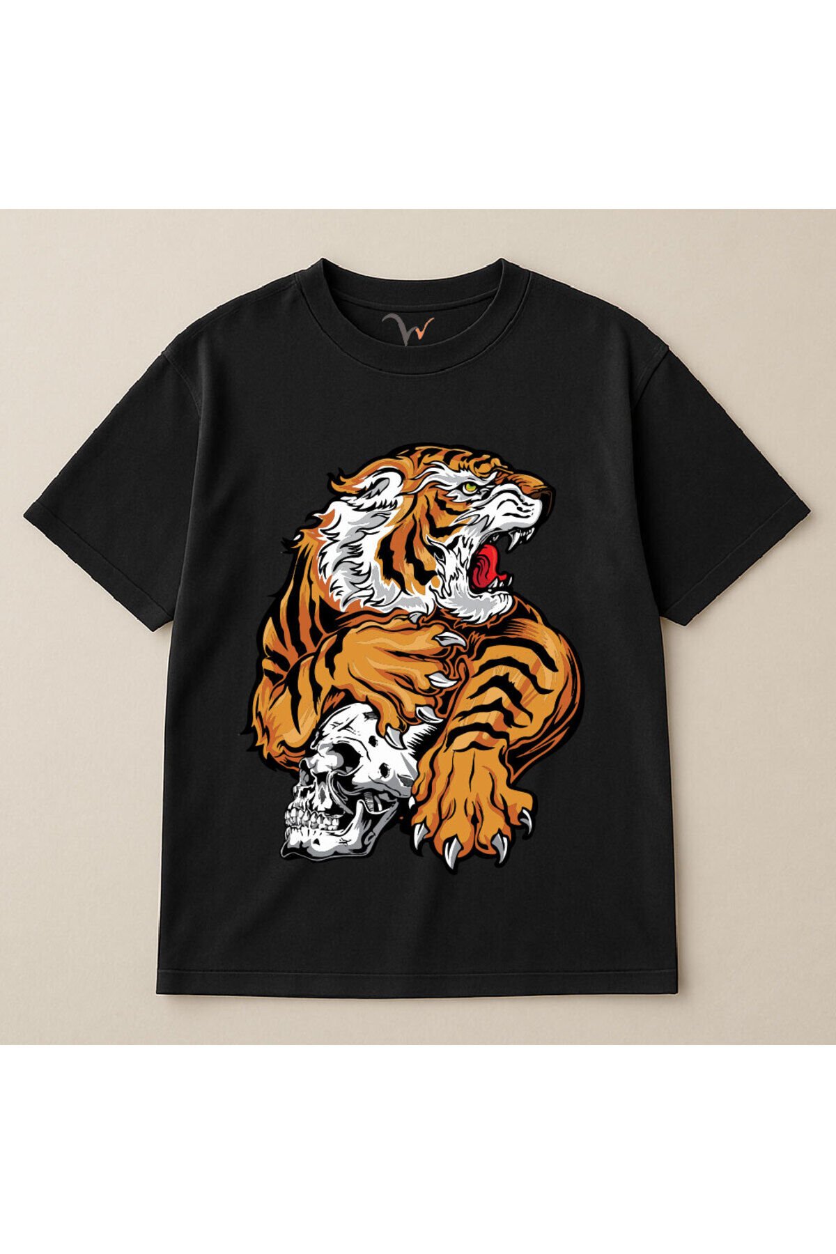 Vahşi Kaplan Tasarım Ve Kuru Kafa Baskılı %100 Pamuk Oversize Bisiklet Yaka Unisex T-Shirt