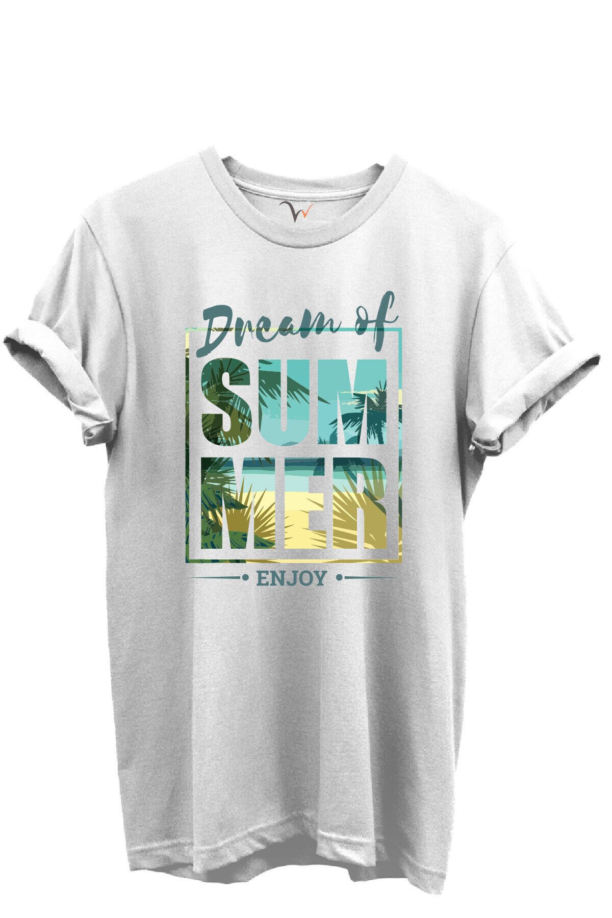Dream of Summer Yazılı Palmiye ve Sahil Temalı %100 Pamuk Regular Fit Unisex T-Shirt Beyaz - S