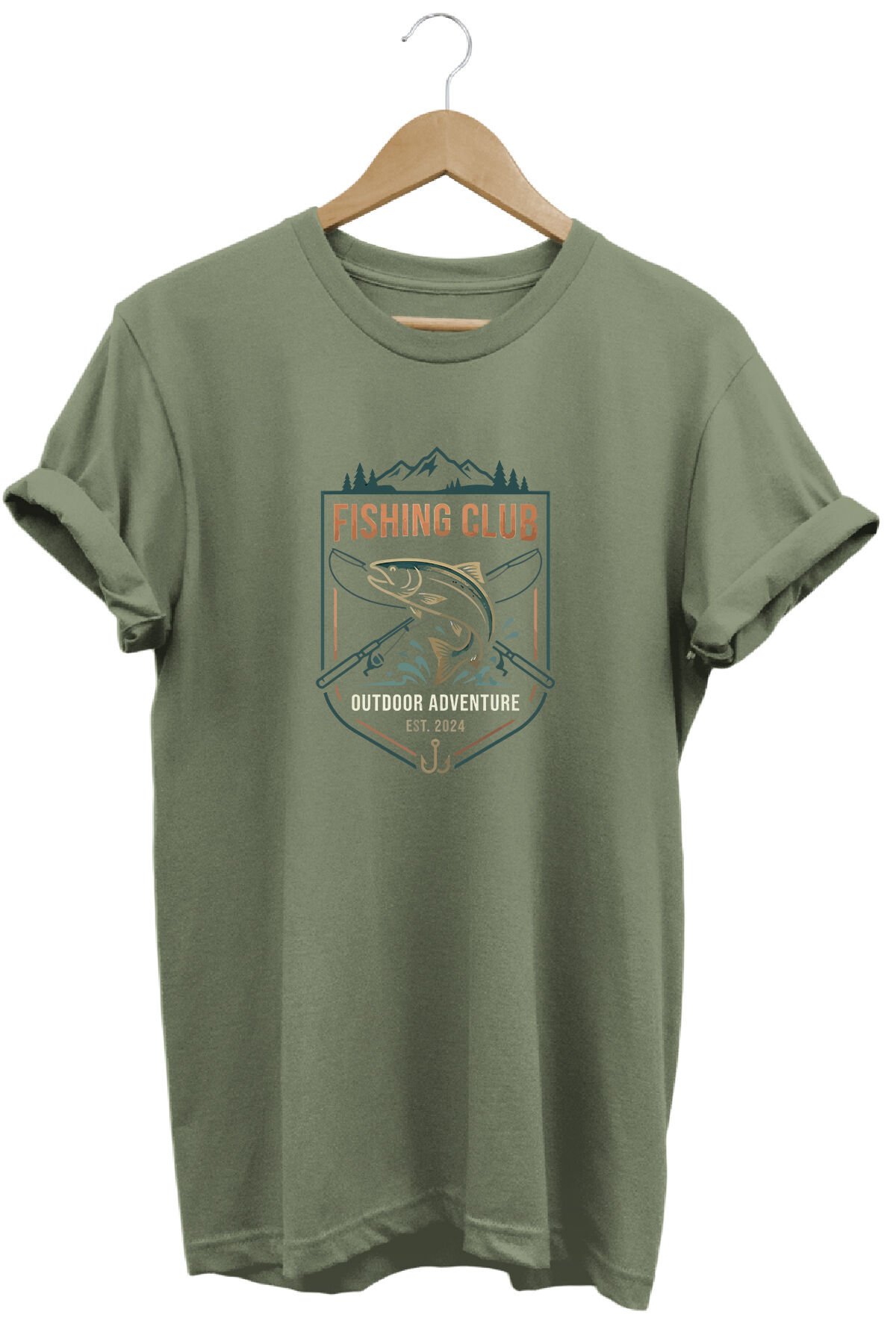 Unisex Balıkçı Kulübü Baskılı Doğa ve Kamp Tişörtü Outdoor Giyim Haki - M