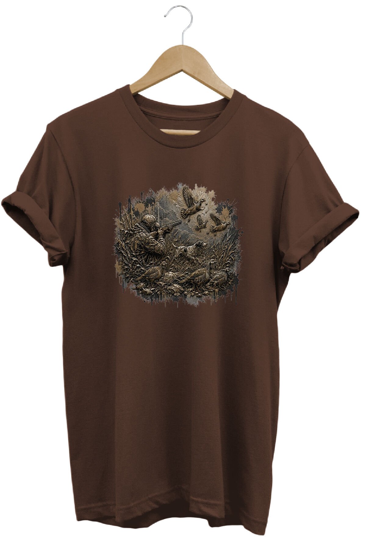 Arazi Köpeği ve Kuş Baskılı Atıcılık Tişörtü Outdoor Doğa Giyimi Koyu Kahverengi - 2XL