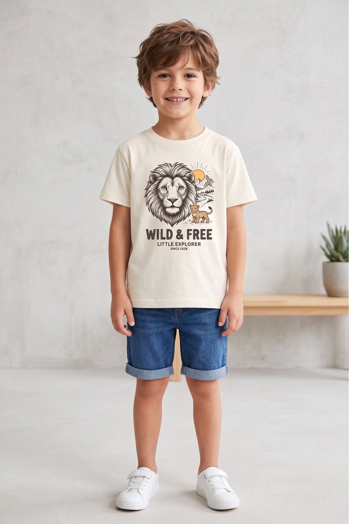 Aslan Baskılı Wild & Free %100 Pamuklu Erkek Çocuk Tişört Little Explorer Ekru - 5-6 Yaş