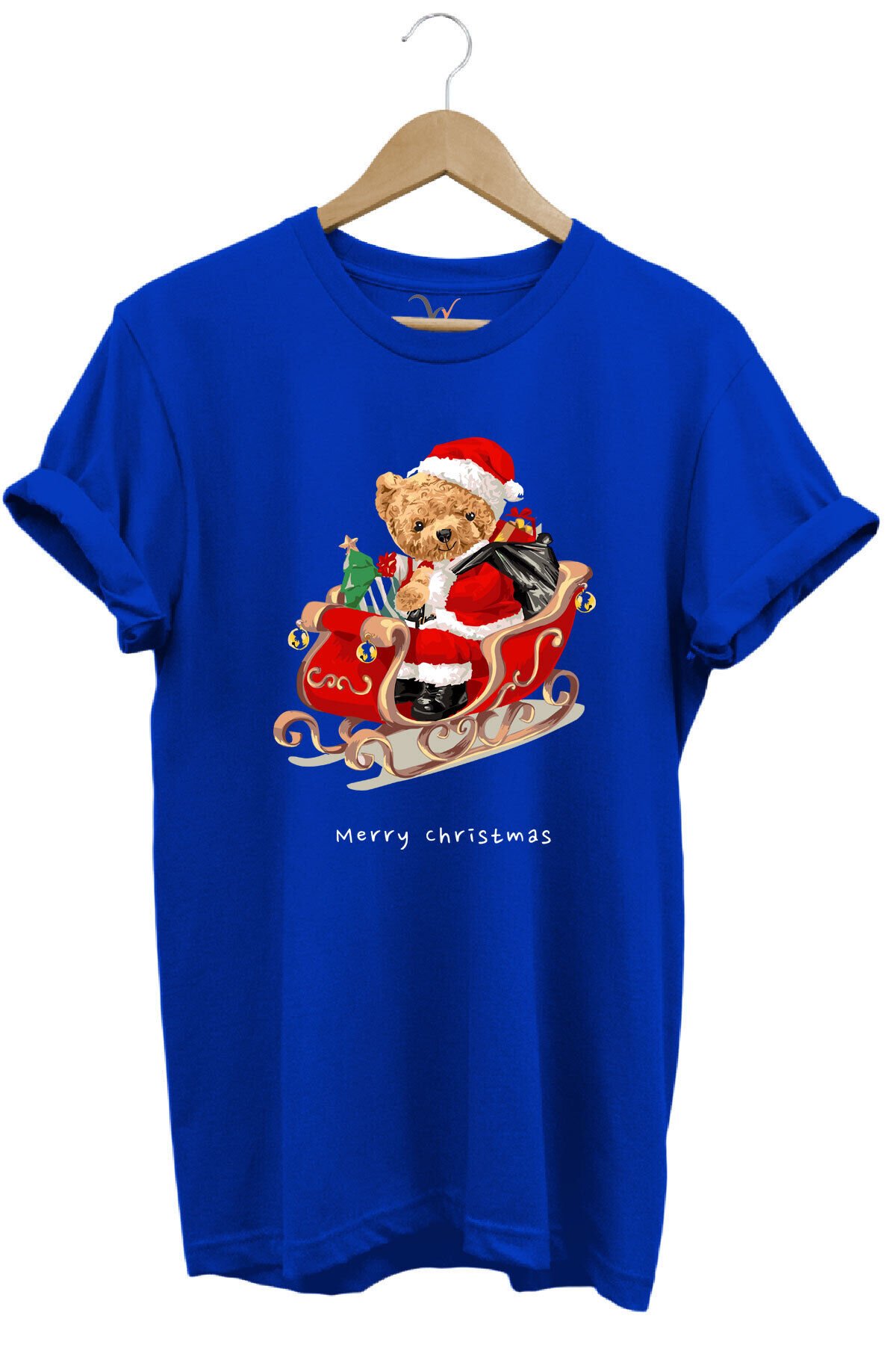 Christmas Baskılı Sevimli Ayıcık Yılbaşı Noel %100 Pamuk Regular Fit Bisiklet Yaka T-shirt Mavi - XL