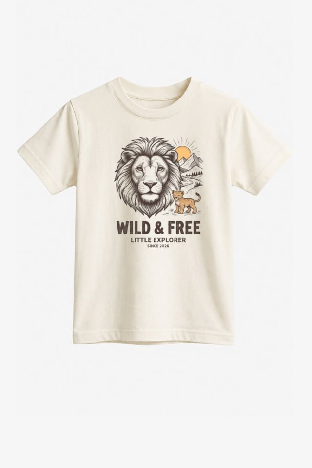 Aslan Baskılı Wild & Free %100 Pamuklu Erkek Çocuk Tişört Little Explorer Ekru - 11-12 Yaş