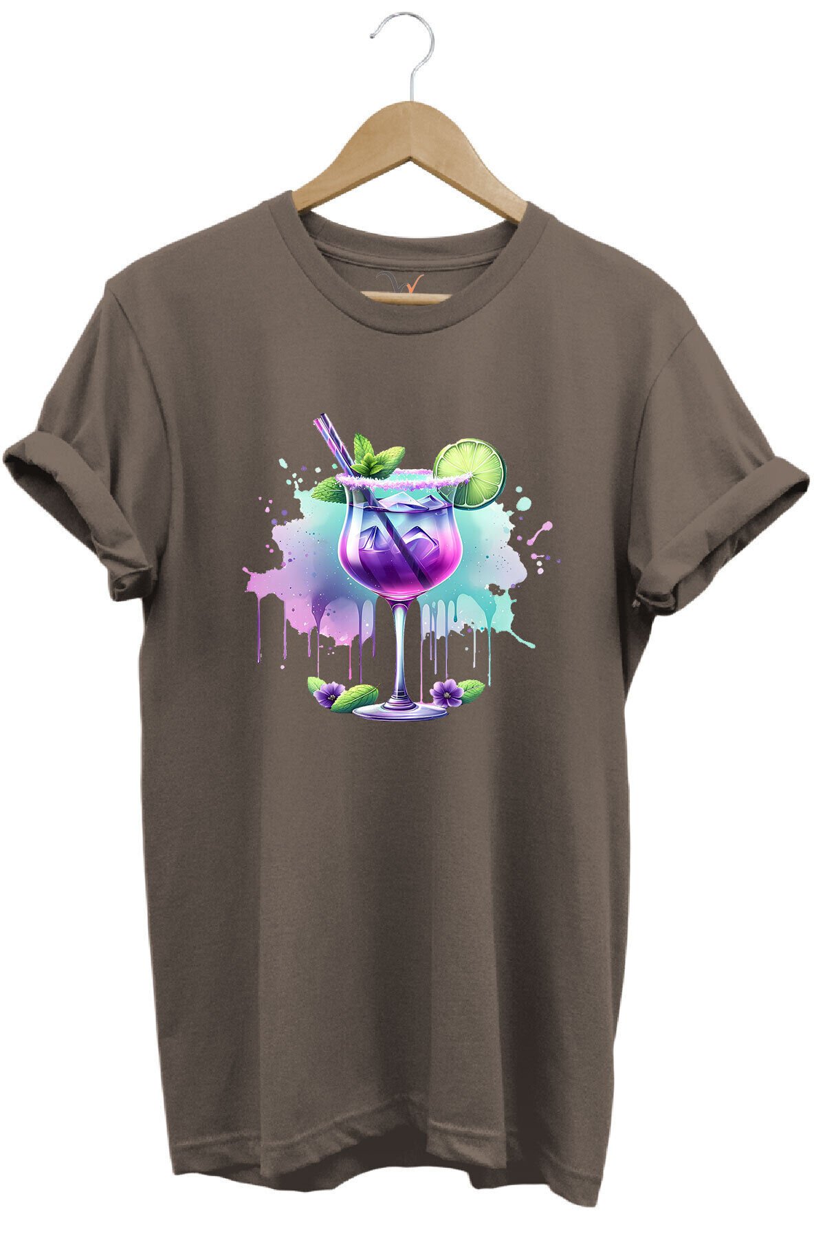 Tropik Kokteyl Temalı Renkli Yaz Baskılı %100 Pamuk Unisex Regular Fit T-Shirt Kahverengi - M