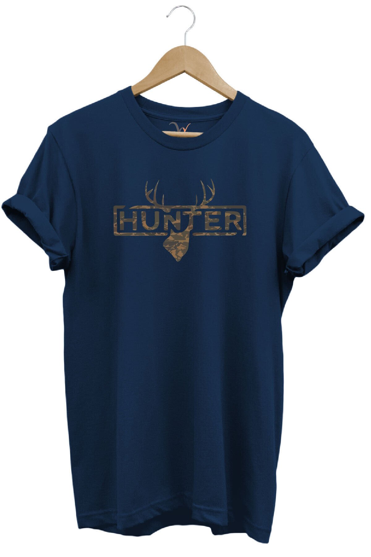 Avcılık Kamuflaj Desenli Geyik ve Hunter Yazı Baskılı %100 Pamuk Regular Fit Bisiklet Yaka T-shirt Lacivert - 4XL