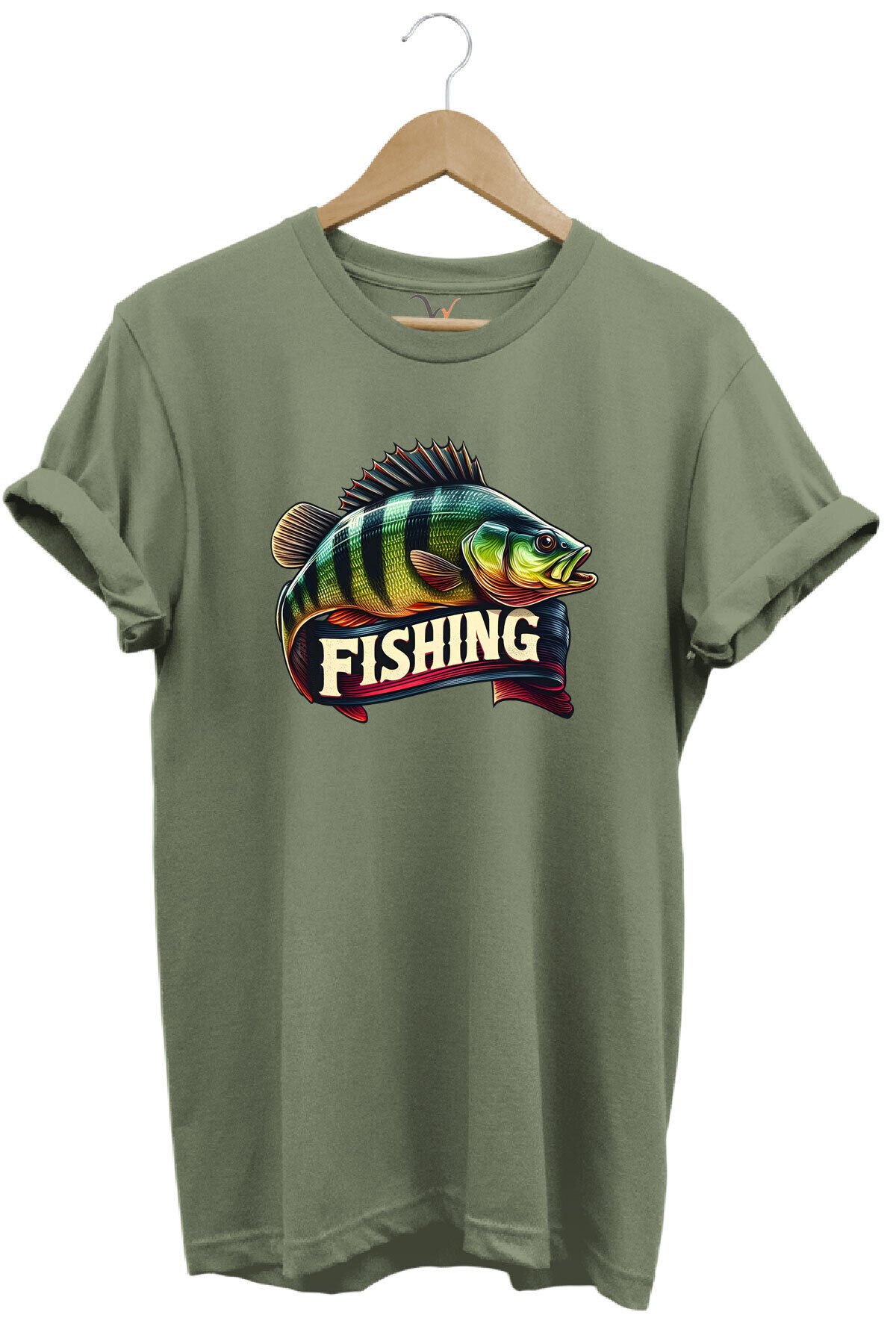 Fishing Balıkçılık Baskılı Levrek Balığı %100 Pamuk Regular Fit Bisiklet Yaka Kırmızı T-shirt Haki - XL