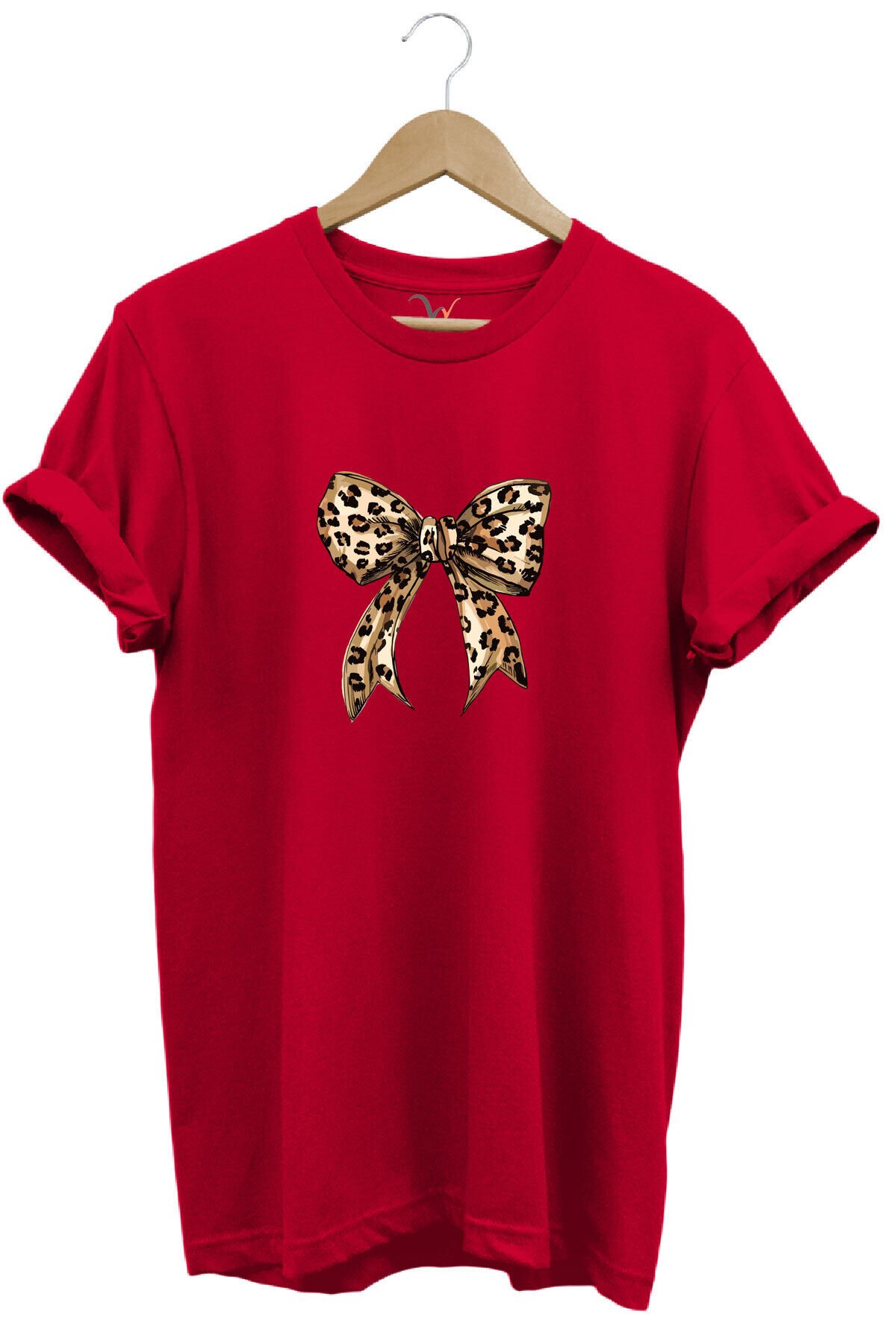 Leopar Desenli Toka Kurdele Baskılı %100 Pamuk Regular Fit Bisiklet Yaka Kırmızı T-shirt Kırmızı - 2XL