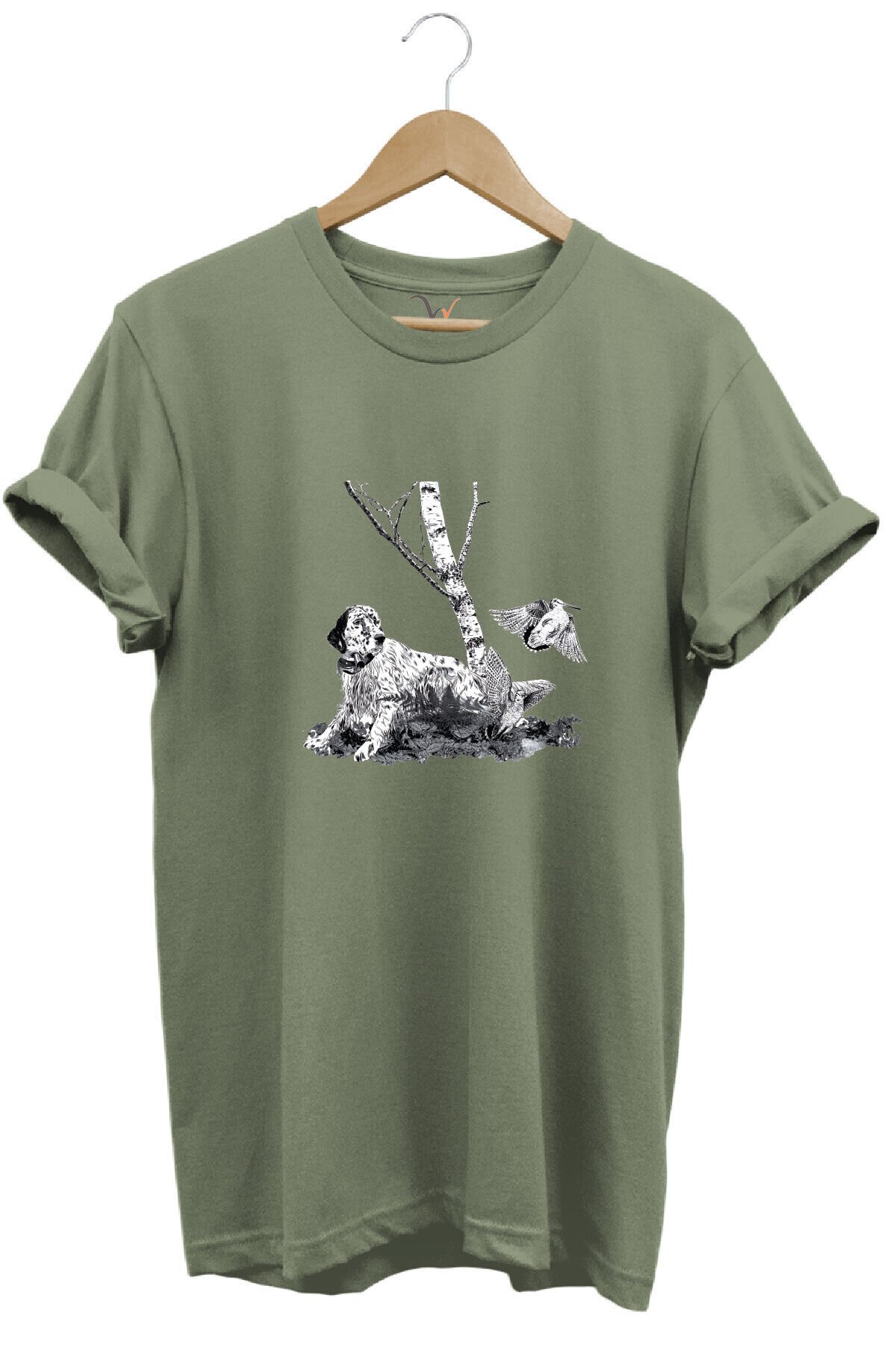 Avcılık English Setter ve Çulluk Baskılı %100 Pamuk Regular Fit Bisiklet Yaka T-shirt Haki - 2XL