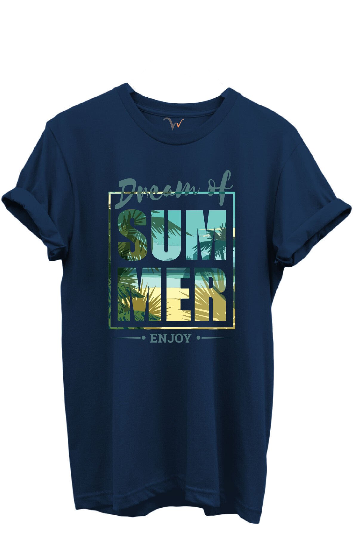 Dream of Summer Yazılı Palmiye ve Sahil Temalı %100 Pamuk Regular Fit Unisex T-Shirt Lacivert - S
