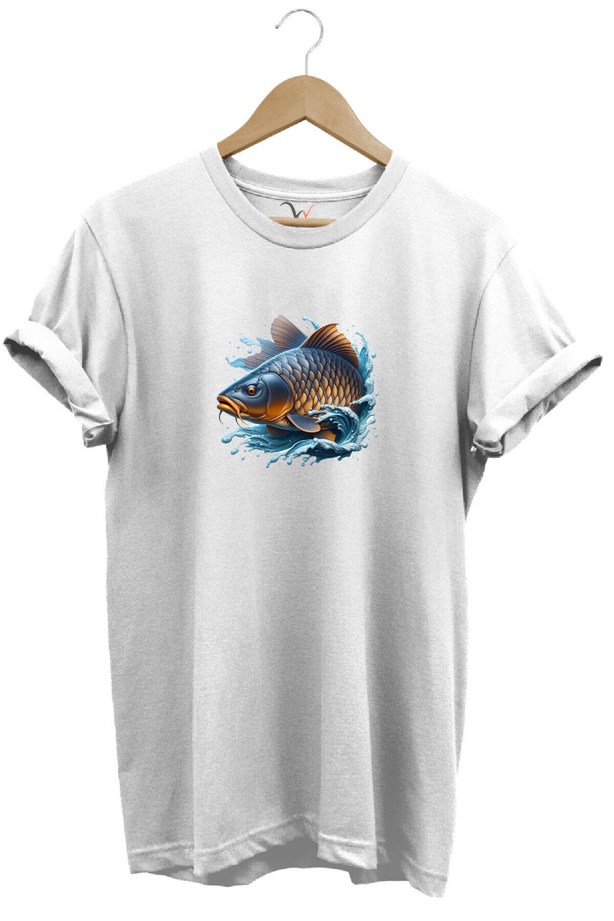 Balıkçı Fishing Sazan Avı Balıkçılığı Baskılı %100 Pamuk Regular Fit Bisiklet Yaka Gri T-shirt Beyaz - XL