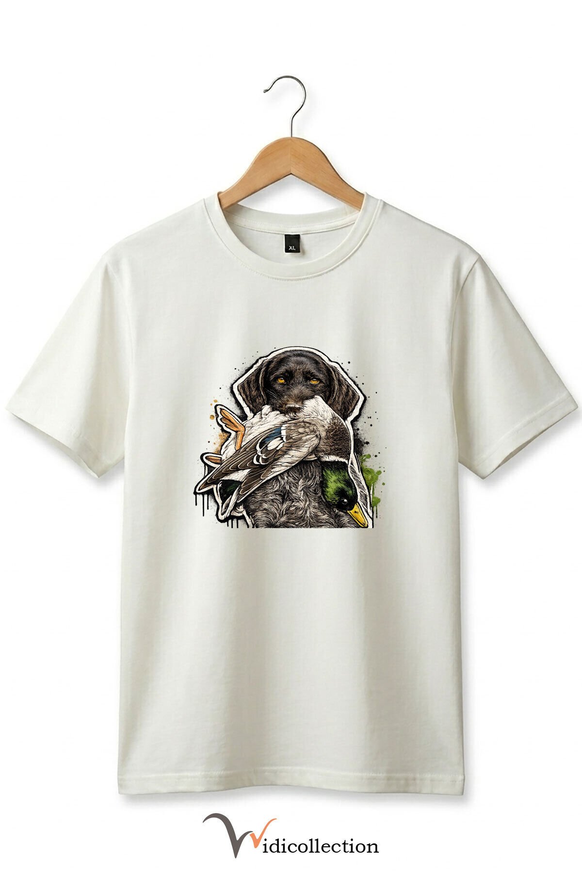 Unisex Avcı Köpeği ve Ördek Baskılı Ördek Avı Doğa ve Yaban Hayatı Outdoor %100 Pamuk Basic T-Shirt Ekru - M
