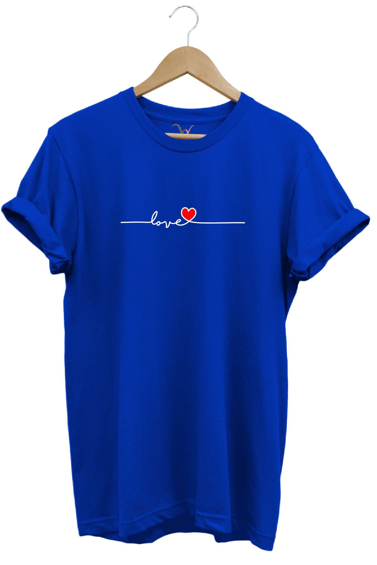 Sevgililer Günü Hediyesi Love Yazı Baskılı Kalpli %100 Pamuk Regular Fit Bisiklet Yaka T-Shirt Mavi - 3XL