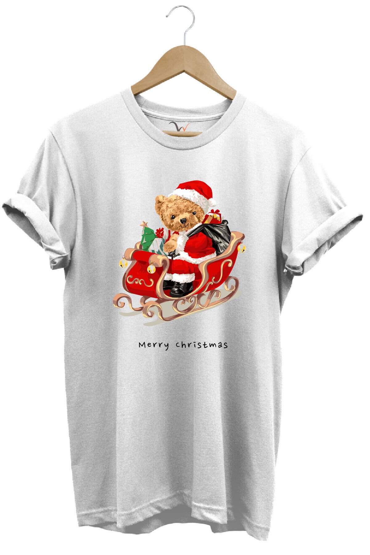 Christmas Baskılı Sevimli Ayıcık Yılbaşı Noel %100 Pamuk Regular Fit Bisiklet Yaka T-shirt Beyaz - L