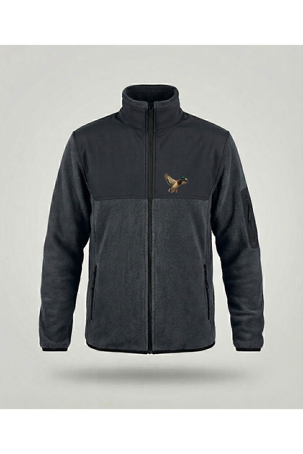 Avcılık Yeşilbaş Ördek Baskılı Dik Yaka Garnili Gri Softshell Polar Ceket
