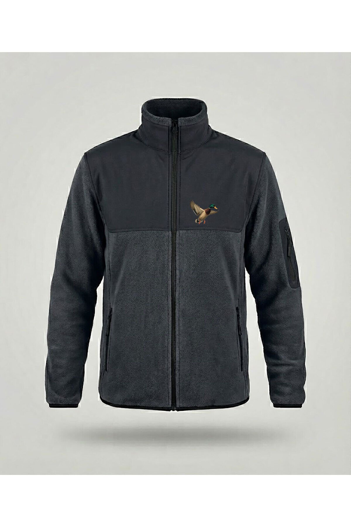 Avcılık Yeşilbaş Ördek Baskılı Dik Yaka Garnili Gri Softshell Polar Ceket