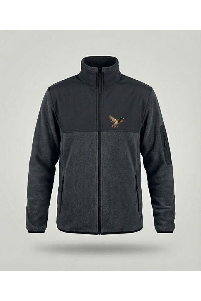 Avcılık Yeşilbaş Ördek Baskılı Dik Yaka Garnili Gri Softshell Polar Ceket