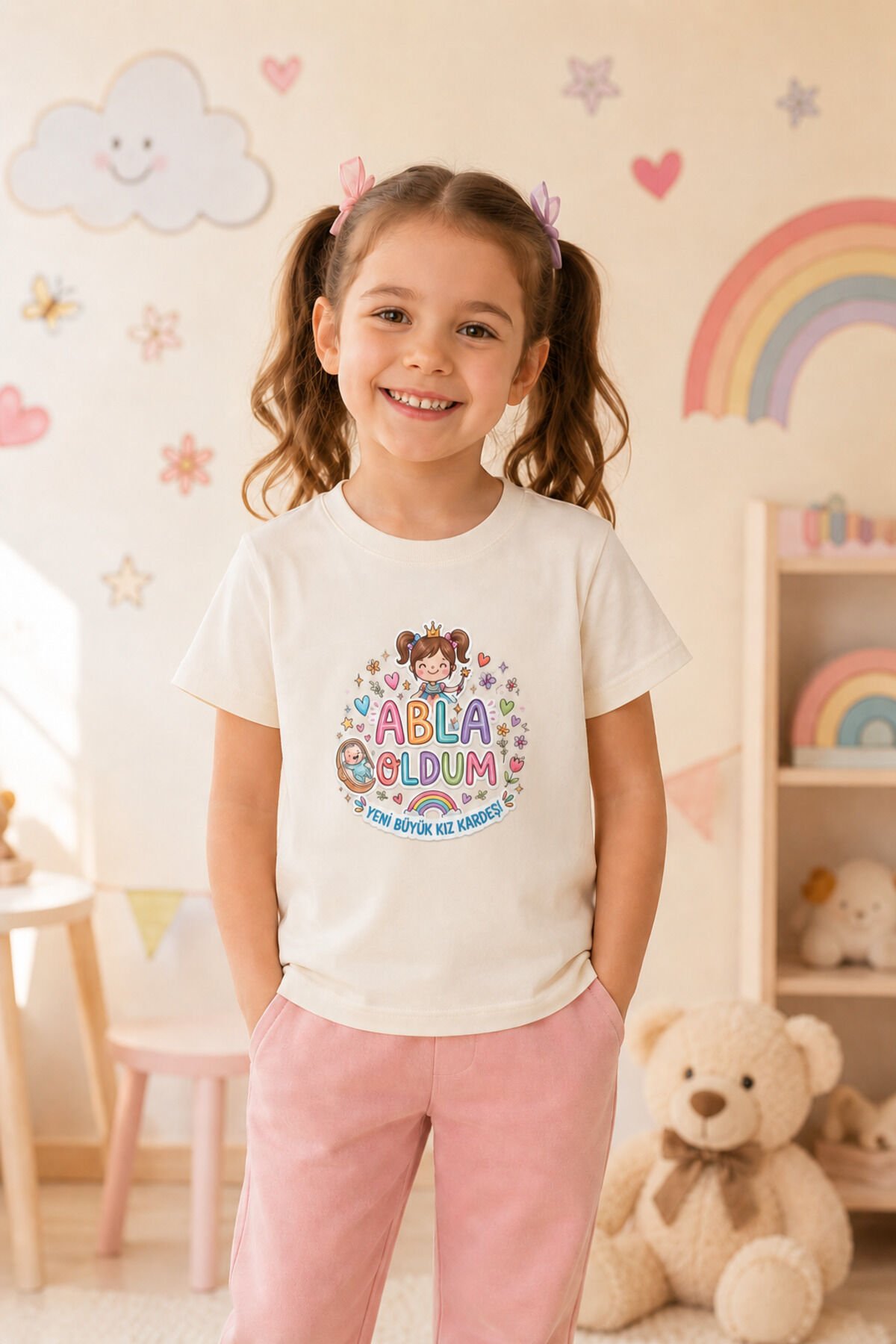 Abla Oldum Baskılı %100 Pamuklu Kız Çocuk Tişört Kardeş Müjdesi Hediyesi Beyaz - 9-10 Yaş