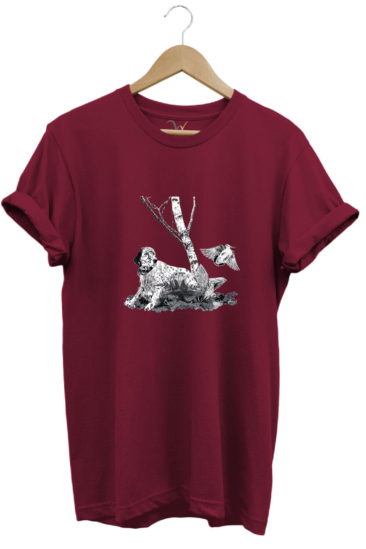 Avcılık English Setter ve Çulluk Baskılı %100 Pamuk Regular Fit Bisiklet Yaka T-shirt Bordo - 3XL