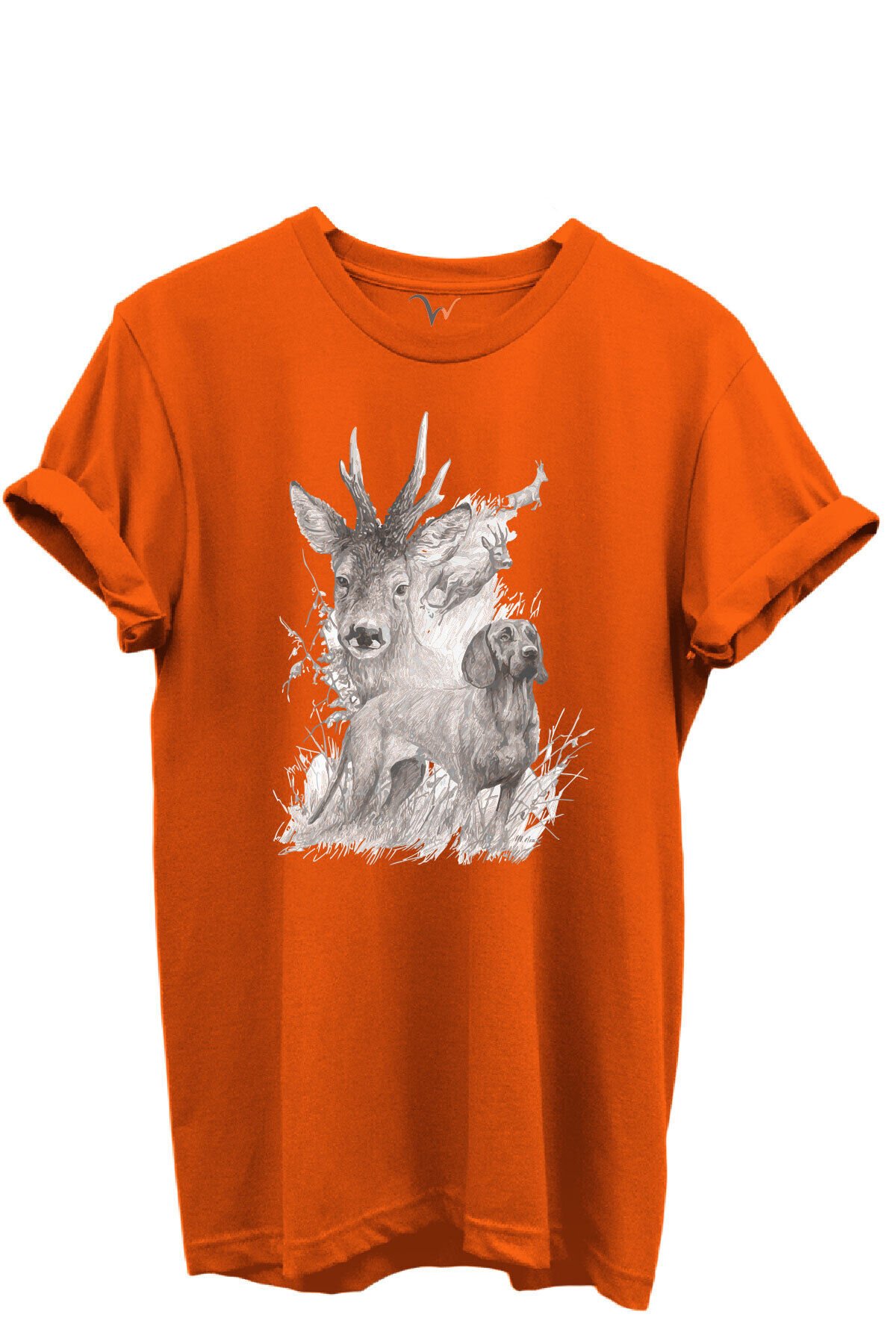 Geyik ve Av Köpeği Çizim Baskılı %100 Pamuk Regular Fit Bisiklet Yaka Unisex T-shirt Turuncu - S