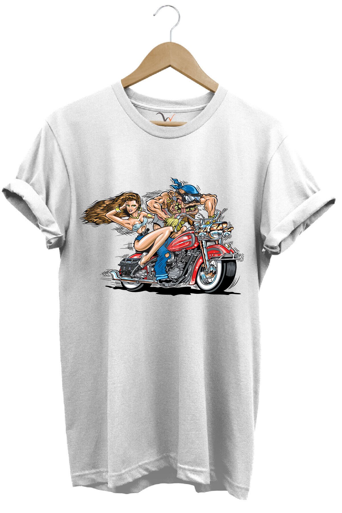 Motosiklet Motor Süren Adam ve Kadın Baskılı %100 Pamuk Regular Fit T-shirt Beyaz - L