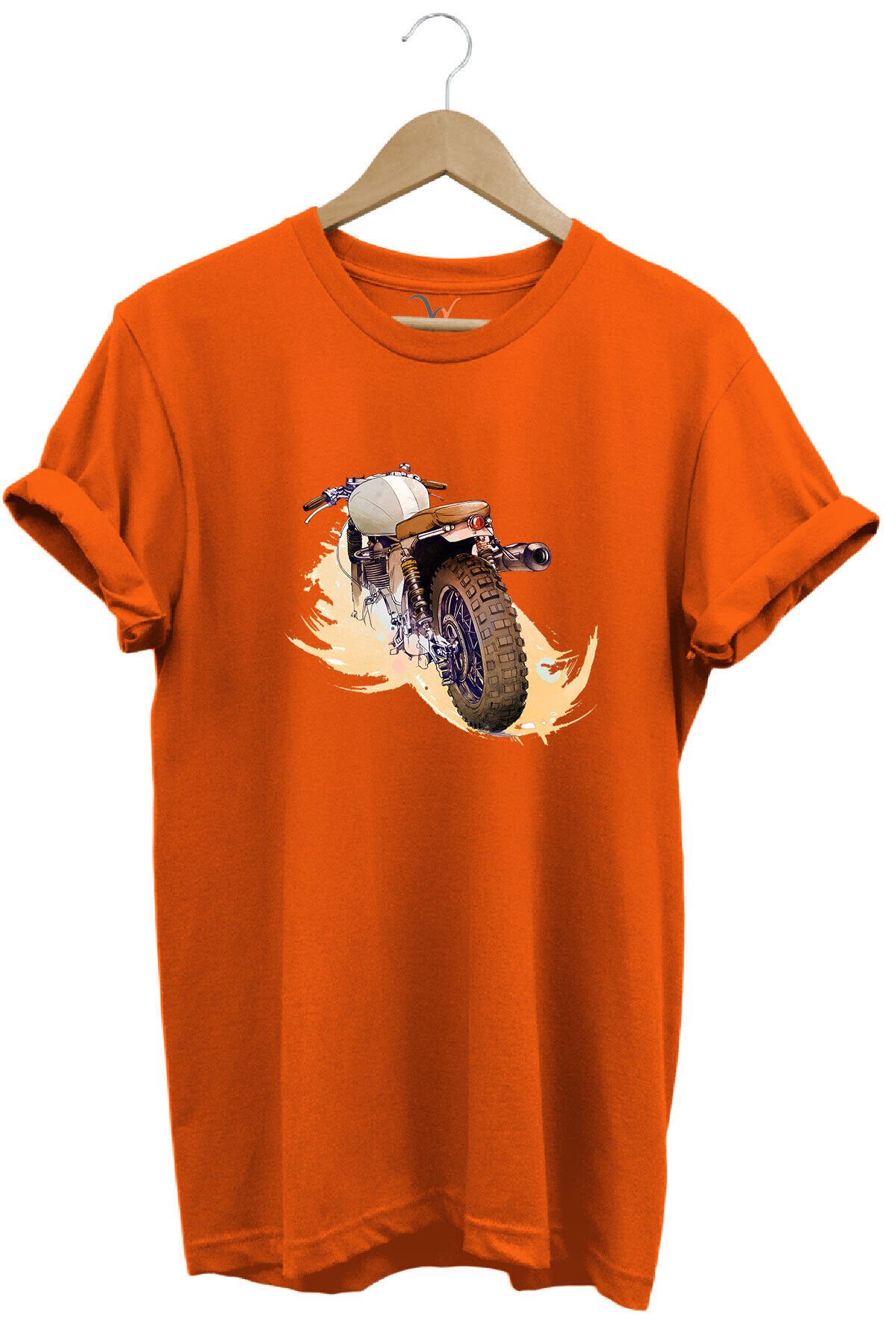 Klasik Motorsiklet Baskılı Vintage Old Motor %100 Pamuk Regular Fit Bisiklet Yaka Kırmızı T-shirt Turuncu - XL