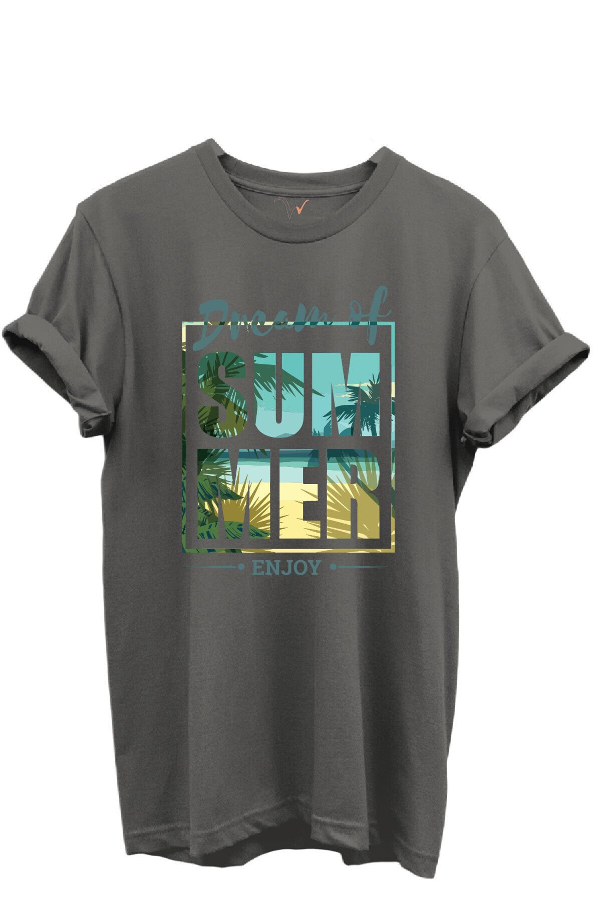 Dream of Summer Yazılı Palmiye ve Sahil Temalı %100 Pamuk Regular Fit Unisex T-Shirt Gri - L